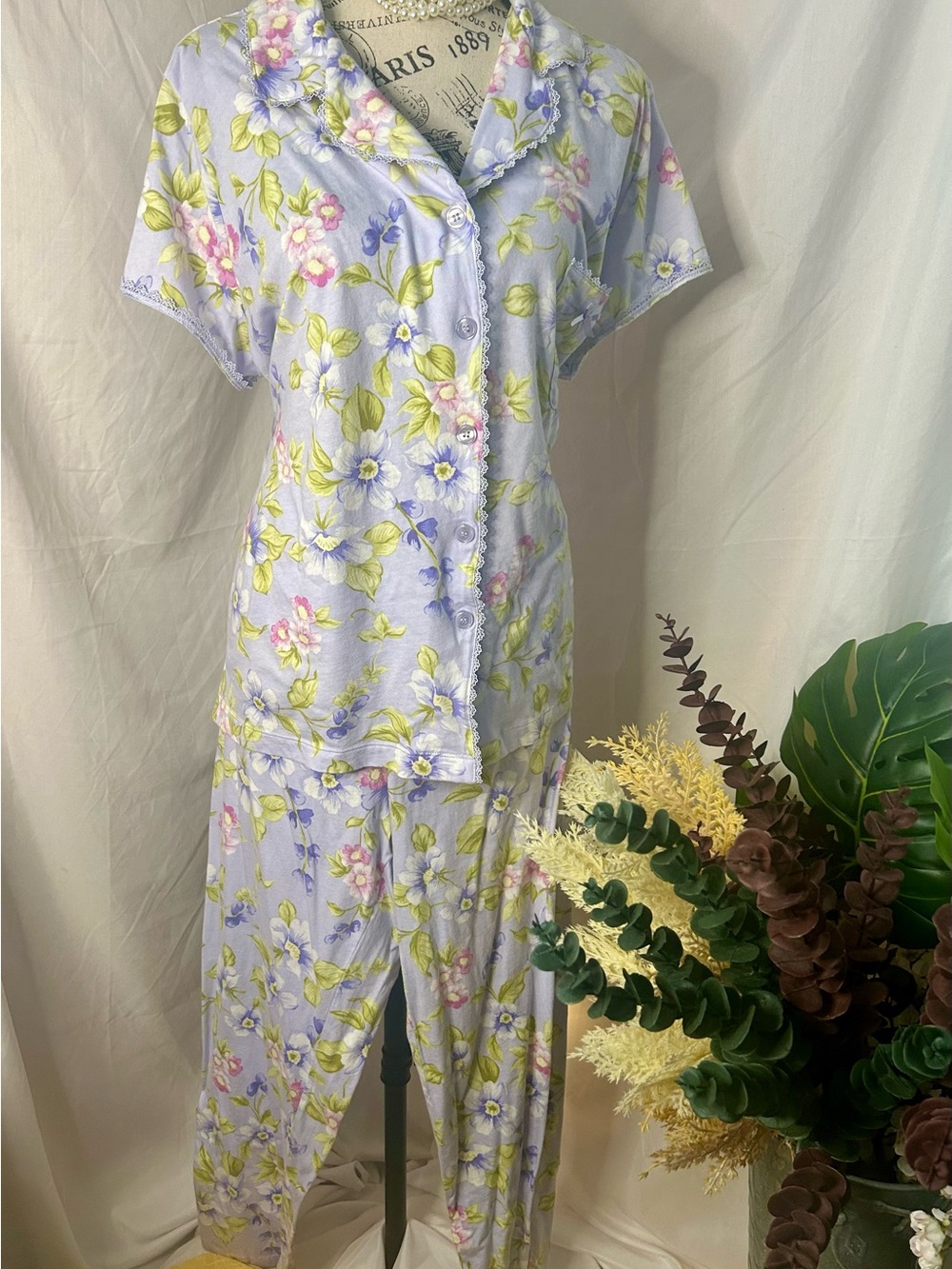 Cottagecore Floral Womens Pajama Set - Short Sleeve Button Top & Pants